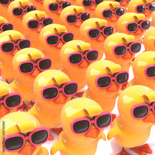 Illustration: Easter chicks marching in pink sunglasses Easter chicks marching in pink sunglasses