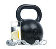 Black fitness weight with tape measure and water