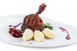 Duck leg baked with cherry and mashed potatoes