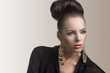 fashion brunette with bag looks at left
