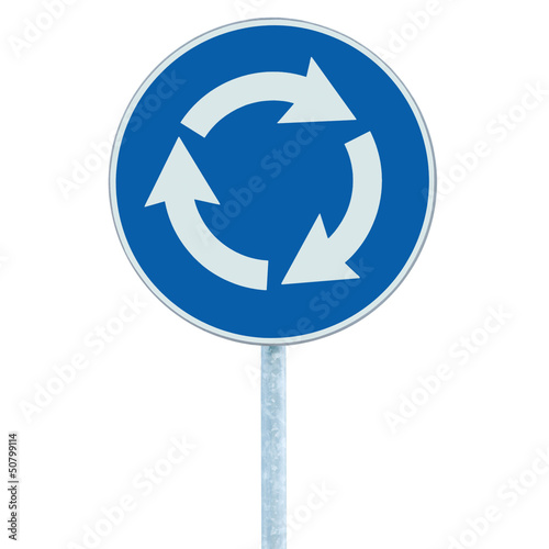 Photo: Roundabout crossroad road traffic sign isolated blue white arrow Roundabout crossroad road traffic sign isolated blue white arrow
