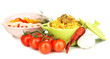 Delicious pilaf with vegetables isolated on white