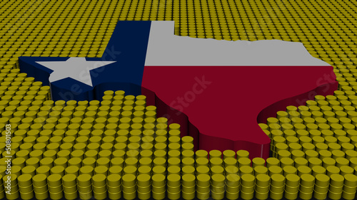 Illustration: Texas map flag with oil barrels illustration Texas map flag with oil barrels illustration