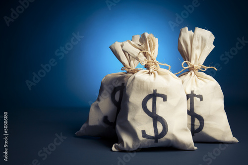 Photo: Bags full of money on a blue background Bags full of money on a blue background