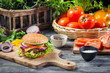 Photo: Ingredients and fresh vegetables for homemade hamburger Ingredients and fresh vegetables for homemade hamburger
