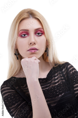 Photo: Close up portrait of a girl with artistic make up isolated on wh Close up portrait of a girl with artistic make up isolated on wh