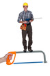 Handyman with drill standing on giant hacksaw