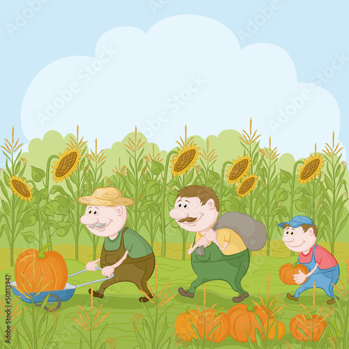 Vector: Farmers with the harvest of pumpkins Farmers with the harvest of pumpkins
