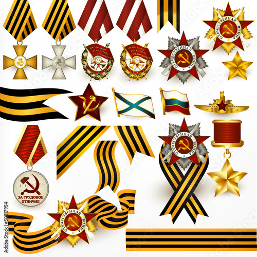 Vector: Collection of retro Russian medals and ribbons for design Collection of retro Russian medals and ribbons for design