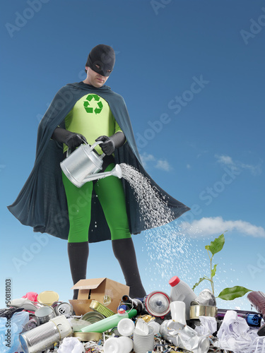 Photo: Eco superhero and green plantlet Eco superhero and green plantlet