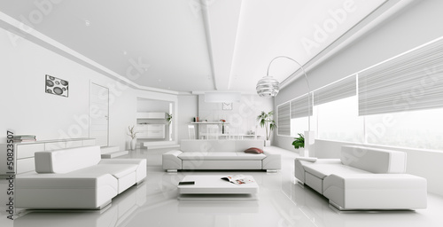 Illustration: Interior of modern white living room rendering Interior of modern white living room rendering