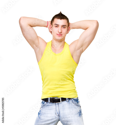 Photo: portrait of young beautiful man in yellow t-shirt portrait of young beautiful man in yellow t-shirt