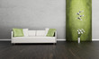 Modern white couch in front of colorful wall | 3d interior
