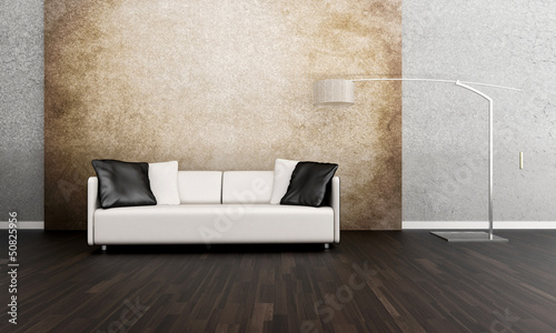 Illustration: Modern white couch in front of colorful wall | 3d interior Modern white couch in front of colorful wall | 3d interior