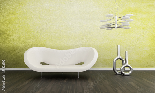 Illustration: Modern white couch in front of colorful wall | 3d interior Modern white couch in front of colorful wall | 3d interior