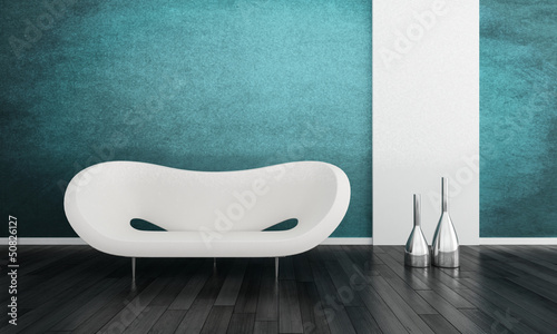 Illustration: Modern white couch in front of colorful wall | 3d interior Modern white couch in front of colorful wall | 3d interior