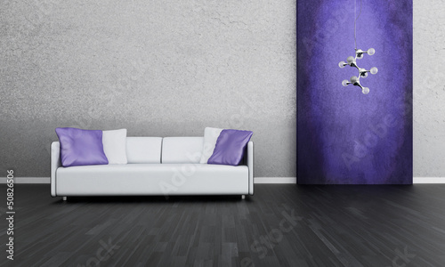 Illustration: Modern white couch in front of colorful wall | 3d interior Modern white couch in front of colorful wall | 3d interior