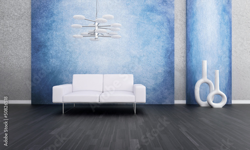 Illustration: Modern white couch in front of colorful wall | 3d interior Modern white couch in front of colorful wall | 3d interior