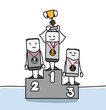 Personnages sur un podium avec une médaille autour du cou