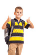Schoolboy sitting on books