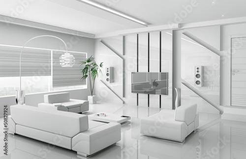 Illustration: Modern white living room interior 3d Modern white living room interior 3d