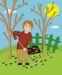 Woman with a rake cleans a garden