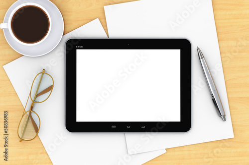 Illustration: Tablet computer on office table Tablet computer on office table