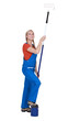 Woman with an extended paint roller