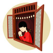 chinese girl praying in the window