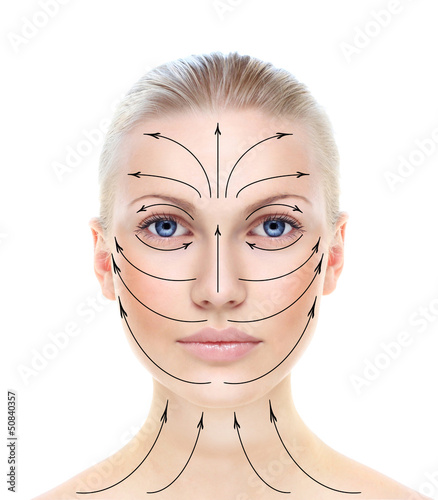 Photo: Beautiful woman's face with massage lines isolated on white. Beautiful woman's face with massage lines isolated on white.