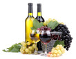 bottles and glasses of wine and grapes in basket, isolated