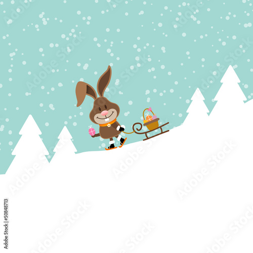 Vector: Bunny Skiing Sleigh Easter Basket Winter Forest Snow Bunny Skiing Sleigh Easter Basket Winter Forest Snow
