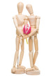 romantic wooden little men with tulips on isolated white