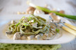 Spinatbandnudeln mit Champignonsoße,Cashews und Lauch