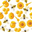 lively cartoon bees and honey seamless pattern in vector