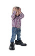 little girl has big shoes isolated on white background
