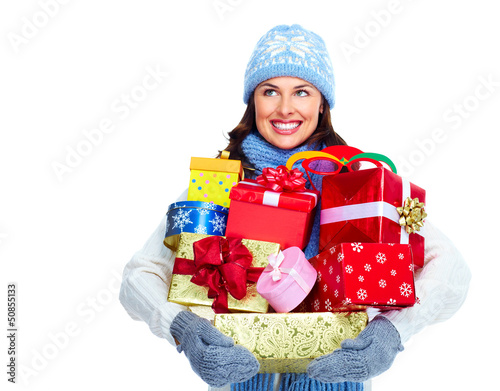 Photo: Beautiful christmas girl with gifts. Beautiful christmas girl with gifts.
