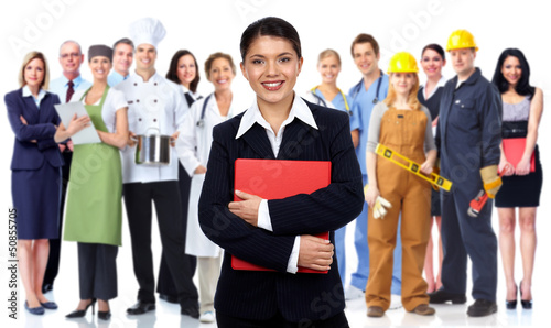 Photo: Business woman and group of workers people. Business woman and group of workers people.
