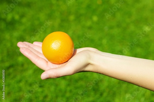 Photo: Orange held by a young woman Orange held by a young woman