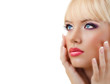 Beautiful young woman with manicure and purple makeup