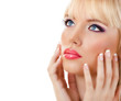 Blonde woman with manicure and purple makeup
