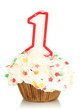 Birthday cupcake with chocolate frosting isolated on white
