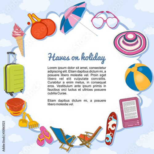Vector: Cosas imprescindibles en vacaciones, formando un marco Cosas imprescindibles en vacaciones, formando un marco