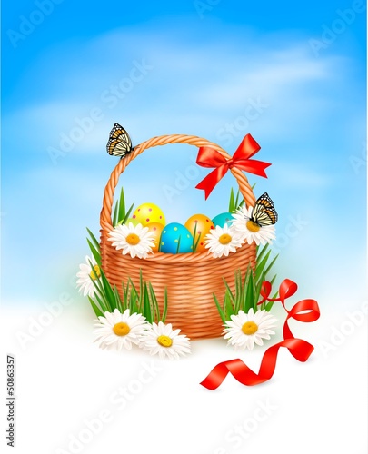 Vector: Easter background with Easter eggs with basket in the grass. Vec Easter background with Easter eggs with basket in the grass. Vec