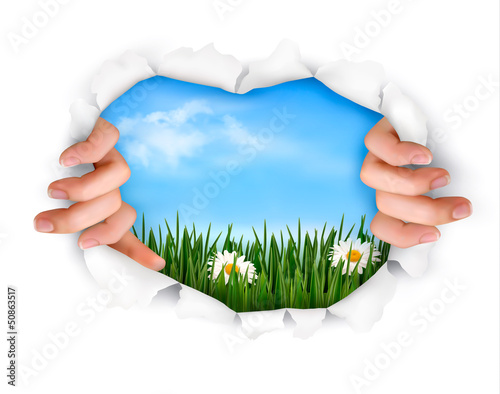 Vector: Nature background with hands ripping a paper. Vector Nature background with hands ripping a paper. Vector