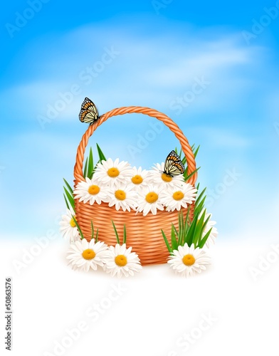 Vector: Natire background with summer flowers in basket and butterfly o Natire background with summer flowers in basket and butterfly o