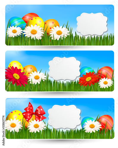 Vector: Easter banners with Easter eggs and colorful flowers Easter banners with Easter eggs and colorful flowers