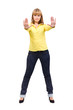 Serious woman making stop hand sign palm gesture