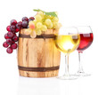 Barrel and glasses of wine and grapes, isolated on white