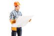 Male engineer with helmet and tool belt holding a blueprint
